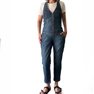 ARMANI EXCHANGE A/X Blue Denim Zip Front Halter Jumpsuit Blue Stonewash Overalls